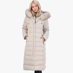 TAHARI Nellie Faux Fur Trim Hooded Puffer Jacket with Bib, Size XS